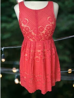 Free People Rocco Lace Mini Dress Coral Pink Overlay Classic Size 4
